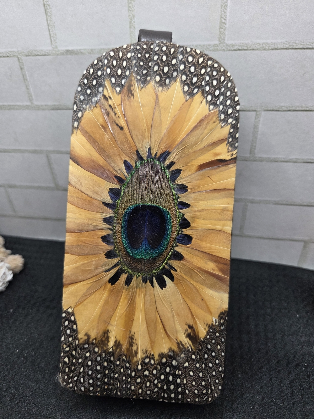 1379. Vintage Lee Sands Peacock Feather Eye Glass Holder